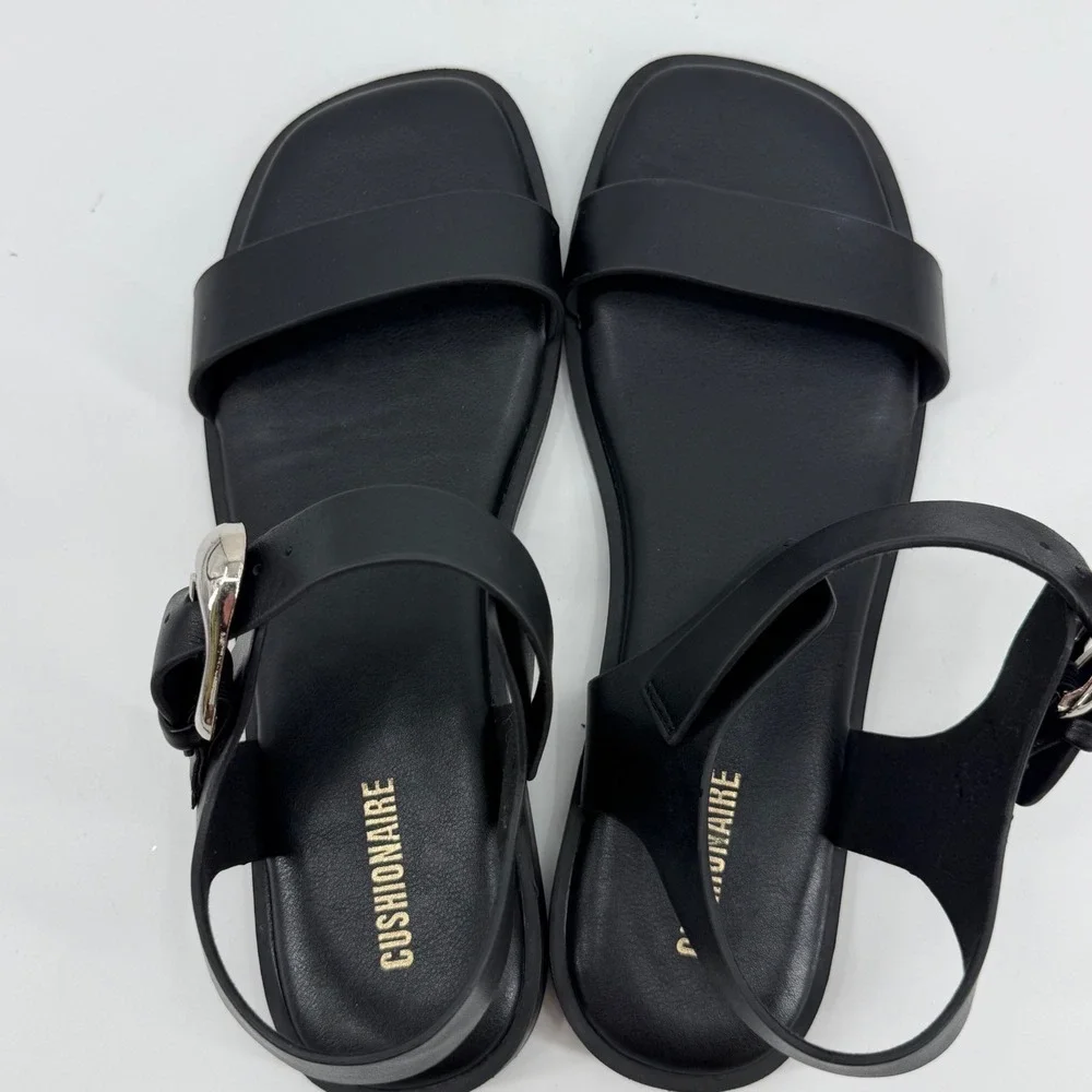 Cushionaire Womens Black Square Toe Sandals Silver Buckle Ankle Strap Size 7M